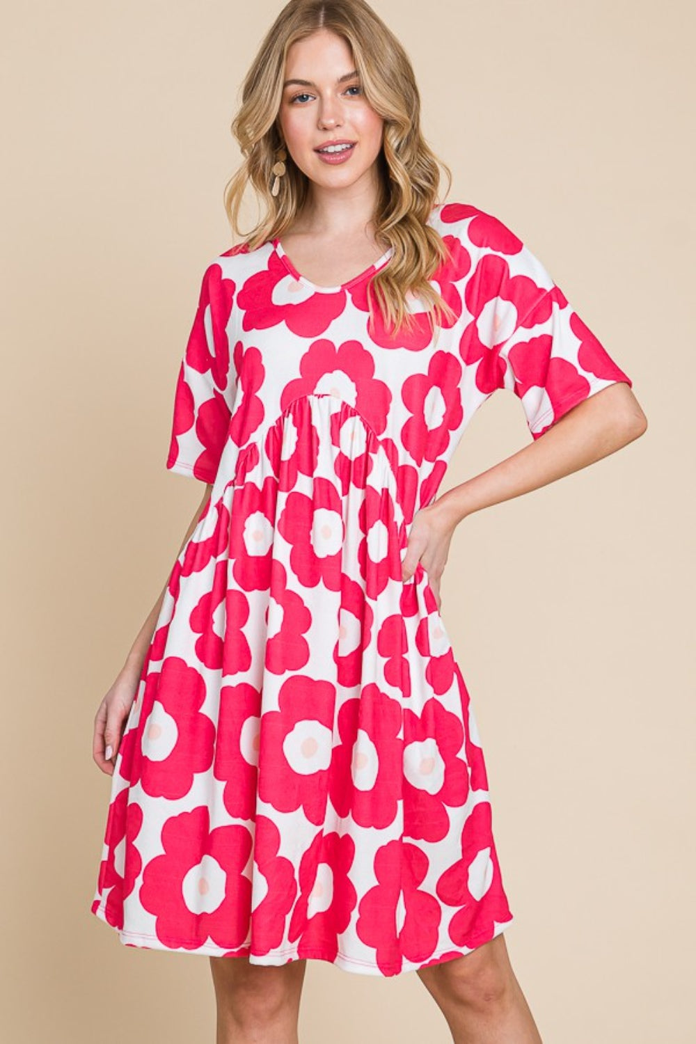 BOMBOM Flower Print Ruched Dress Mini Dress Trendsi Fuchsia S 