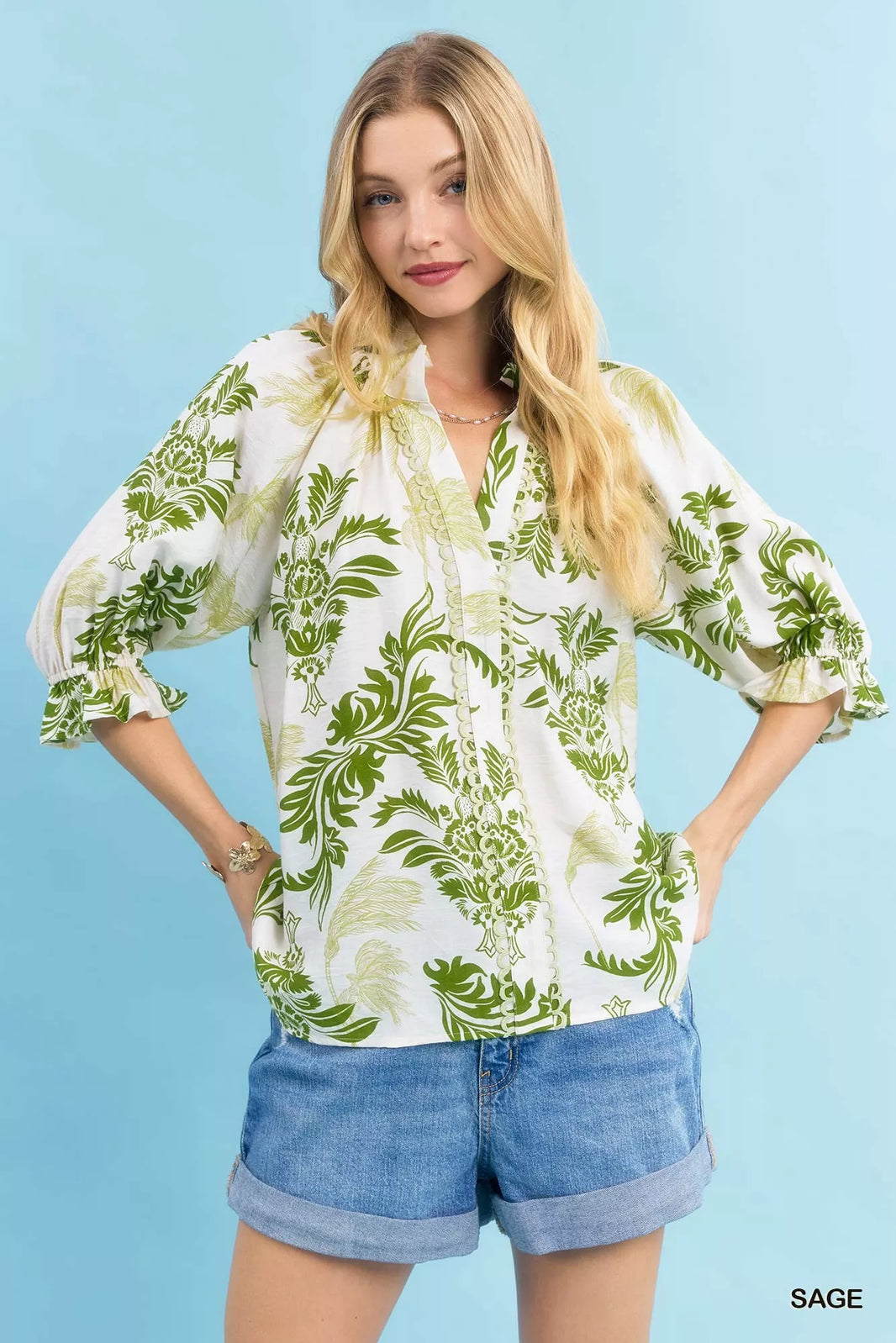 Umgee Leafy Damask Print Blouse with Contrast Scalloped Trim Boho Chic - NeoKira Unlimited
