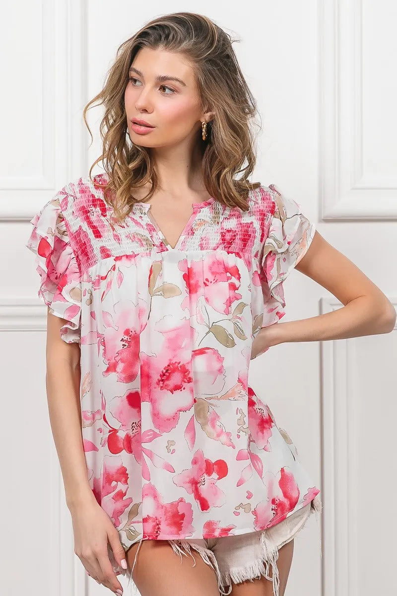 BiBi Floral Print Flutter Sheer Top Lightweight Boho Chic Blouse - NeoKira Unlimited