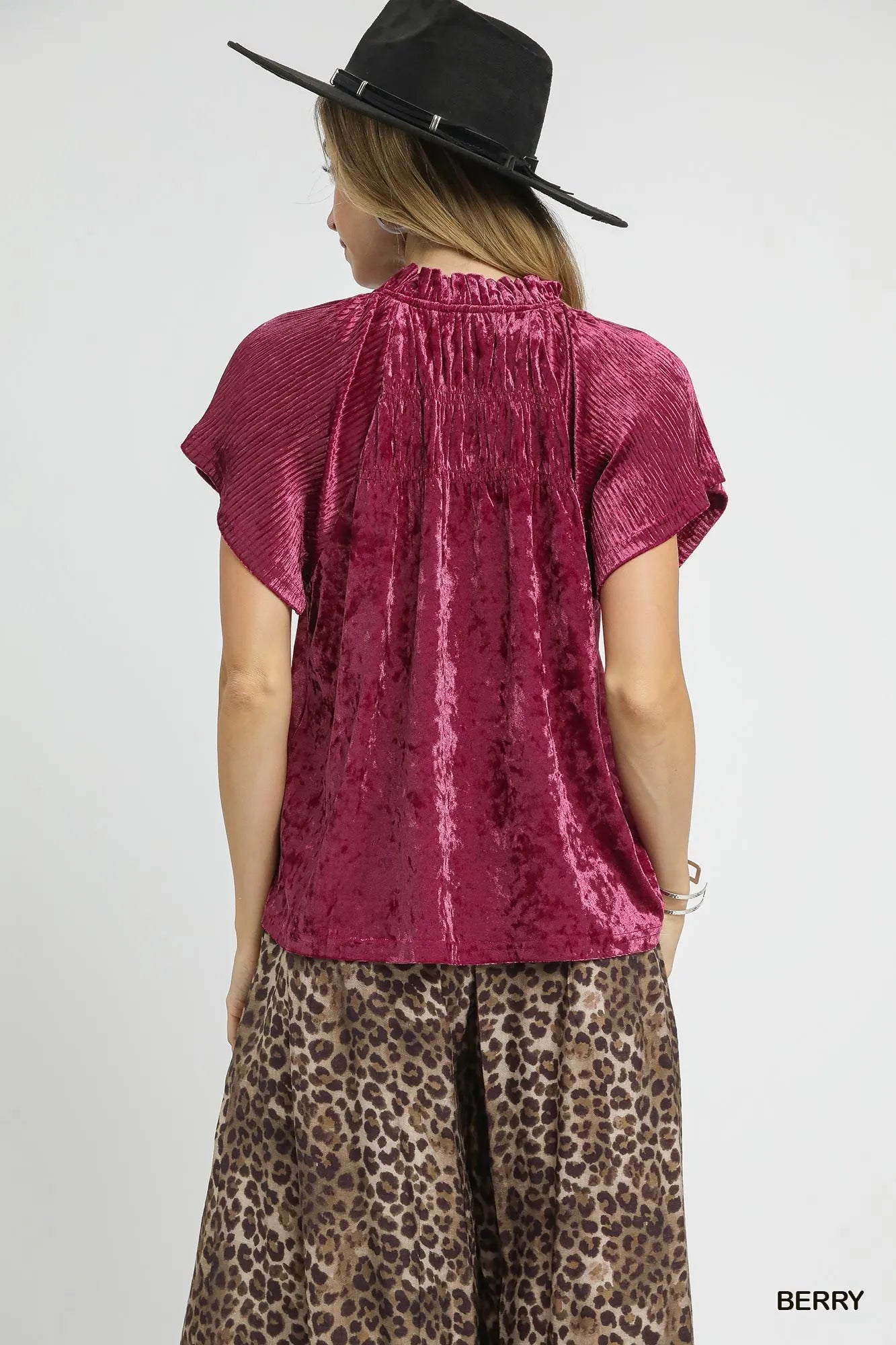 Umgee Crushed Velvet Pleated Blouse Boho Chic Luxe - NeoKira Unlimited