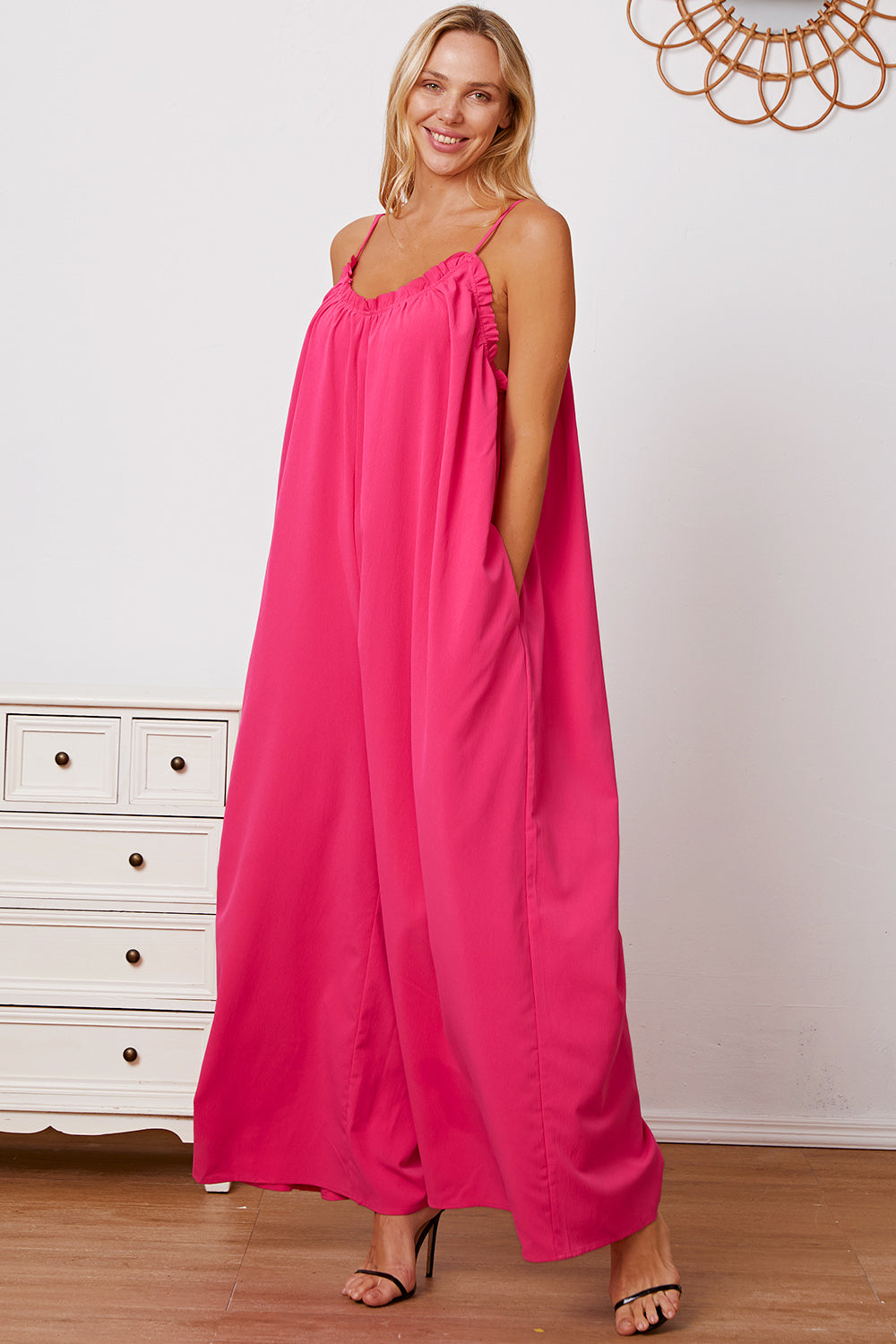 Double Take Full Size Ruffle Trim Tie Back Cami Jumpsuit with Pockets - NeoKira Unlimited