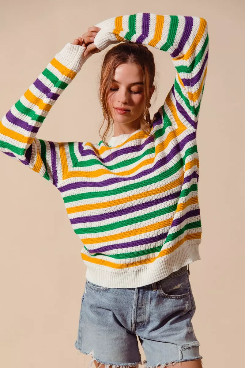 SO ME Mardi Gras Color Stripe Knit Sweater Top - NeoKira Unlimited