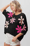 BiBi Floral Pattern Cropped Sweater Sweater Trendsi Black/Pink/Fuchsia S 