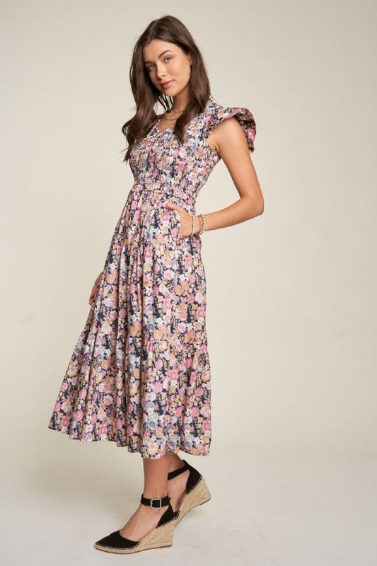 Vintage Garden Floral Flutter Smocking Midi Dress  Davi & Dani   