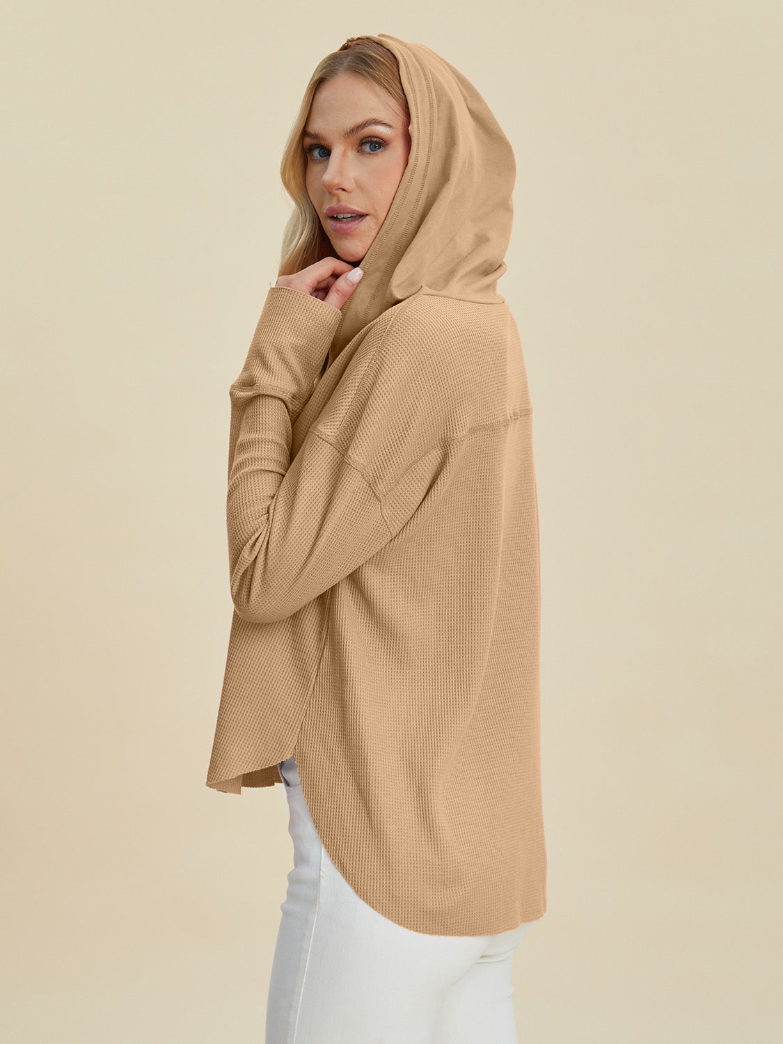 Double Take Full Size High-Low Dropped Shoulder Long Sleeve Hoodie - NeoKira Unlimited