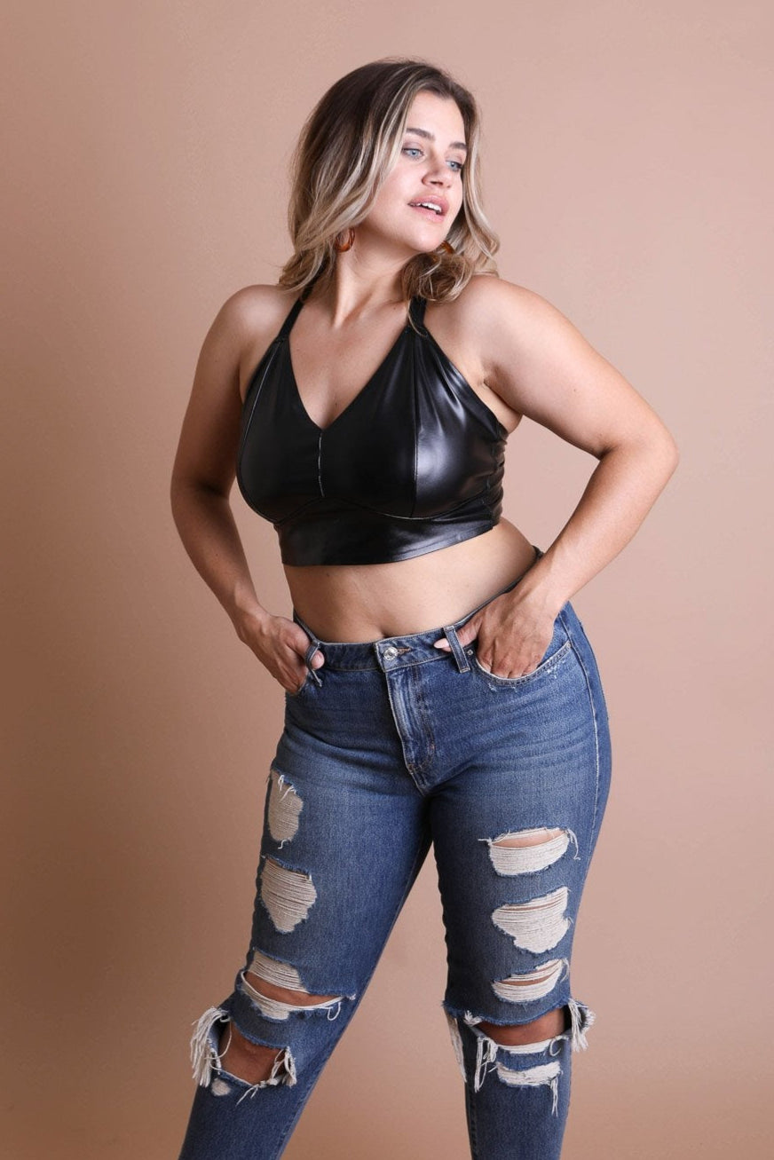 Faux Leather Longline Bralette Plus - NeoKira Unlimited