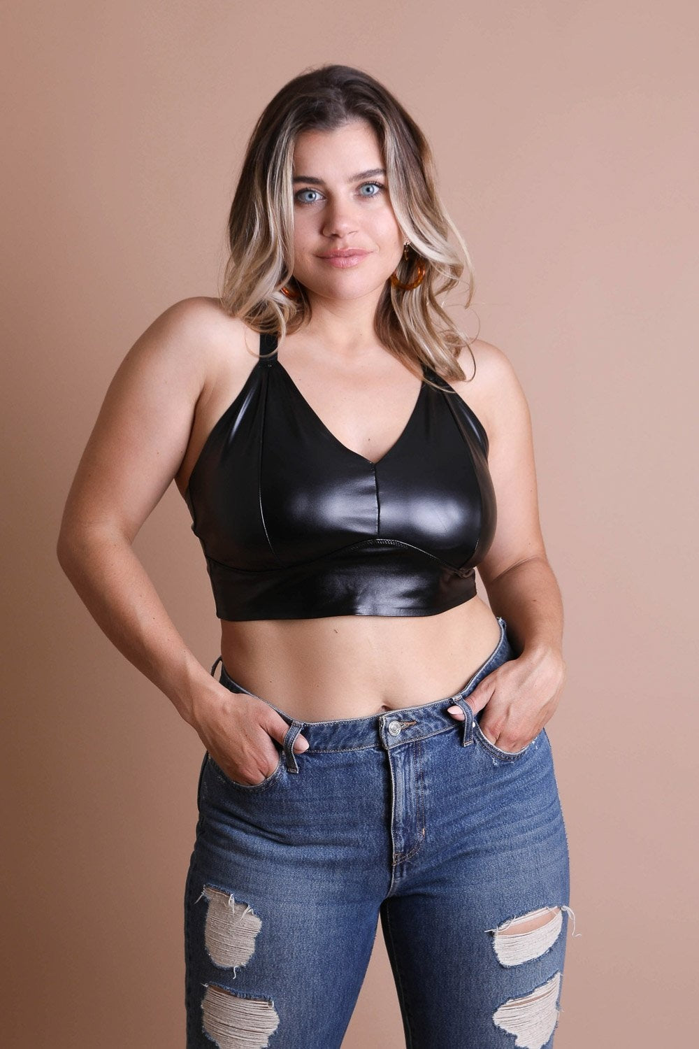 Faux Leather Longline Bralette Plus Bralette Plus Leto Collection XL Black 