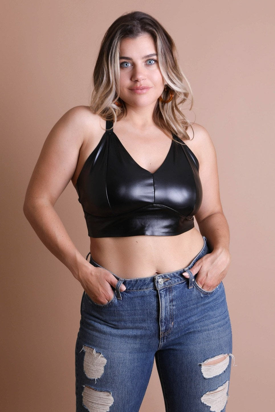 Faux Leather Longline Bralette Plus - NeoKira Unlimited