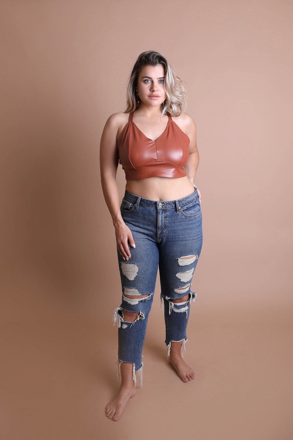 Faux Leather Longline Bralette Plus Bralette Plus Leto Collection XL Cognac 