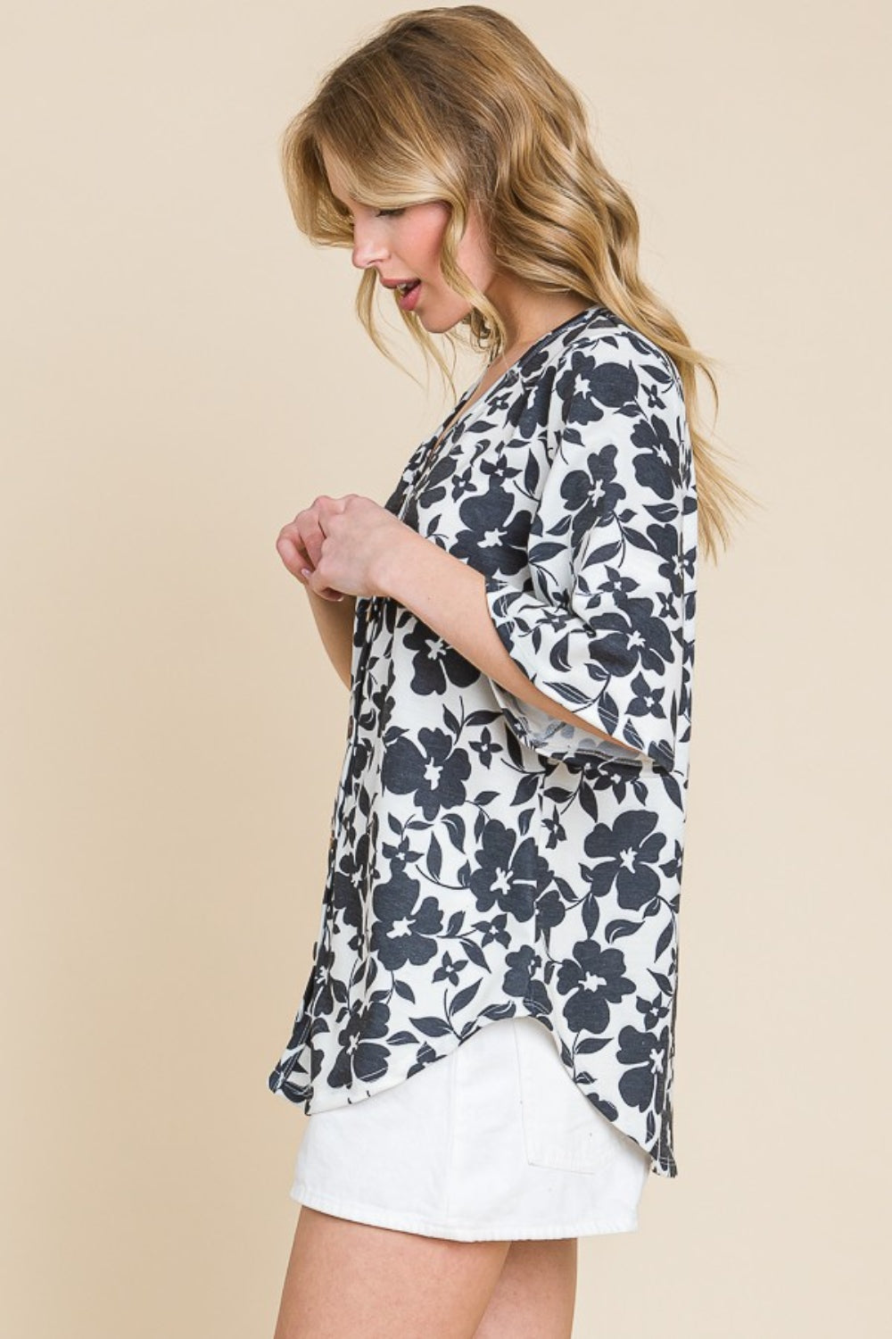 BOMBOM Floral Decorative Button V-Neck Top - NeoKira Unlimited