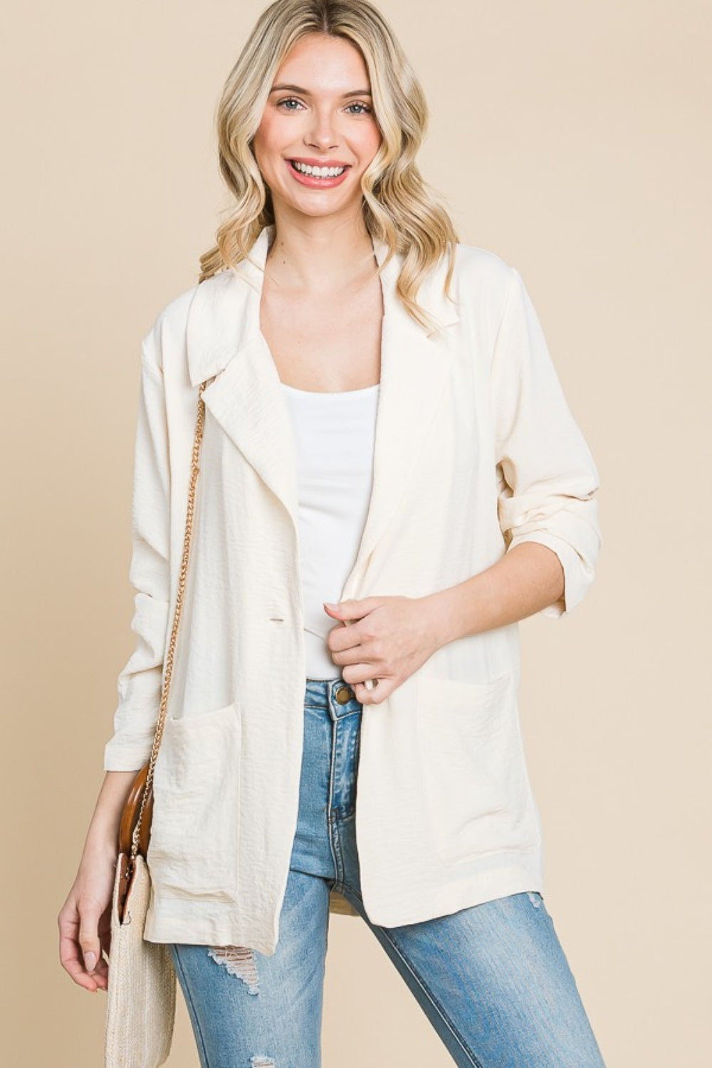 Culture Code One Button Long Sleeve Blazer with Pockets Blazer Trendsi New Ivory S 