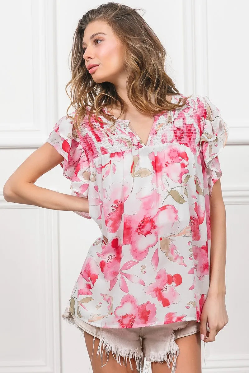 BiBi Floral Print Flutter Sheer Top Lightweight Boho Chic Blouse - NeoKira Unlimited
