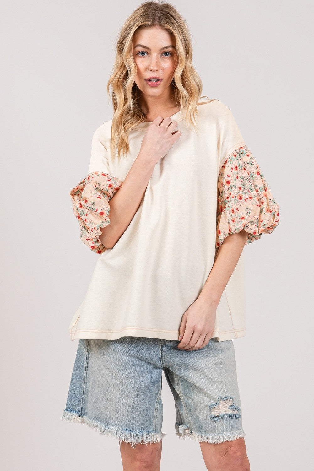 SAGE + FIG Round Neck Bubble Sleeve Oversize Top Top Trendsi   