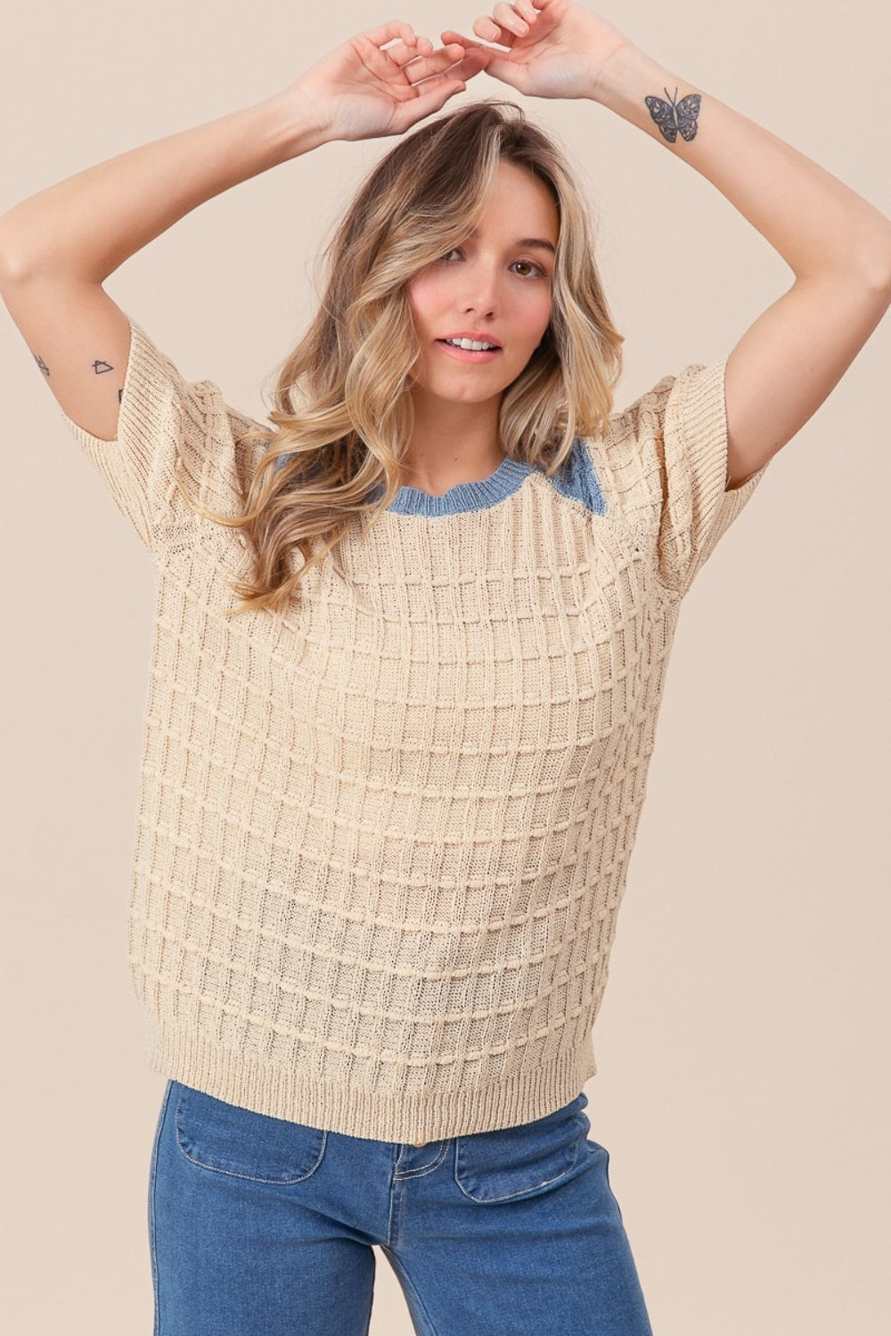 BiBi Textured Contrast Short Sleeve Sweater Sweater Trendsi   