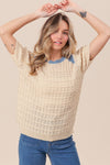 BiBi Textured Contrast Short Sleeve Sweater Sweater Trendsi   