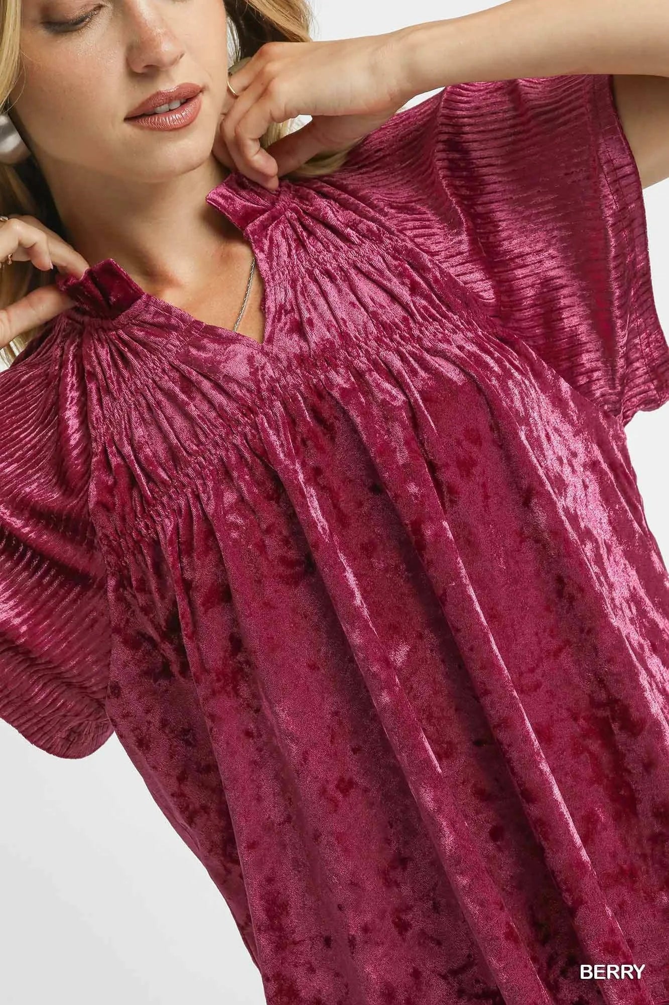 Umgee Crushed Velvet Pleated Blouse Boho Chic Luxe - NeoKira Unlimited