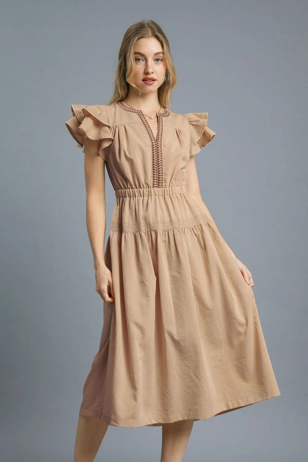 Umgee Romantic Ruffle Beige Midi Dress Lace Trim Button Front - NeoKira Unlimited