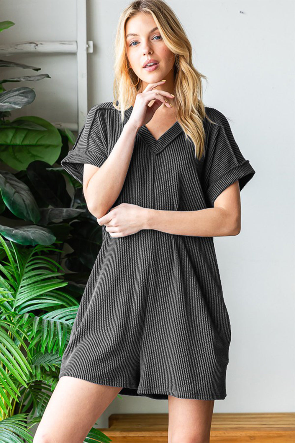 Heimish Full Size Short Sleeve Ribbed Romper with Pockets - NeoKira Unlimited