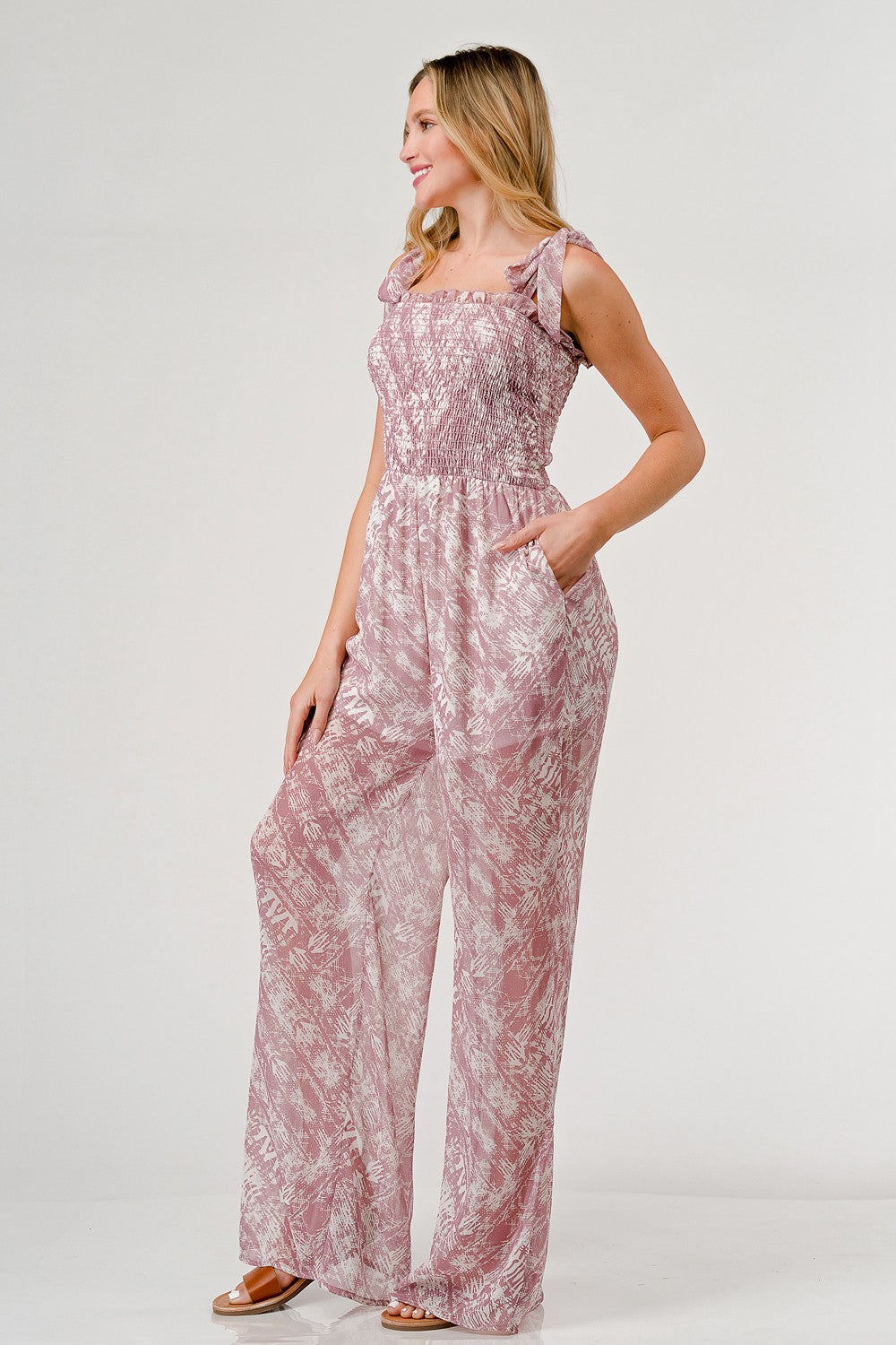 GeeGee Printed Tie Shoulder Wide Leg Jumpsuit - NeoKira Unlimited