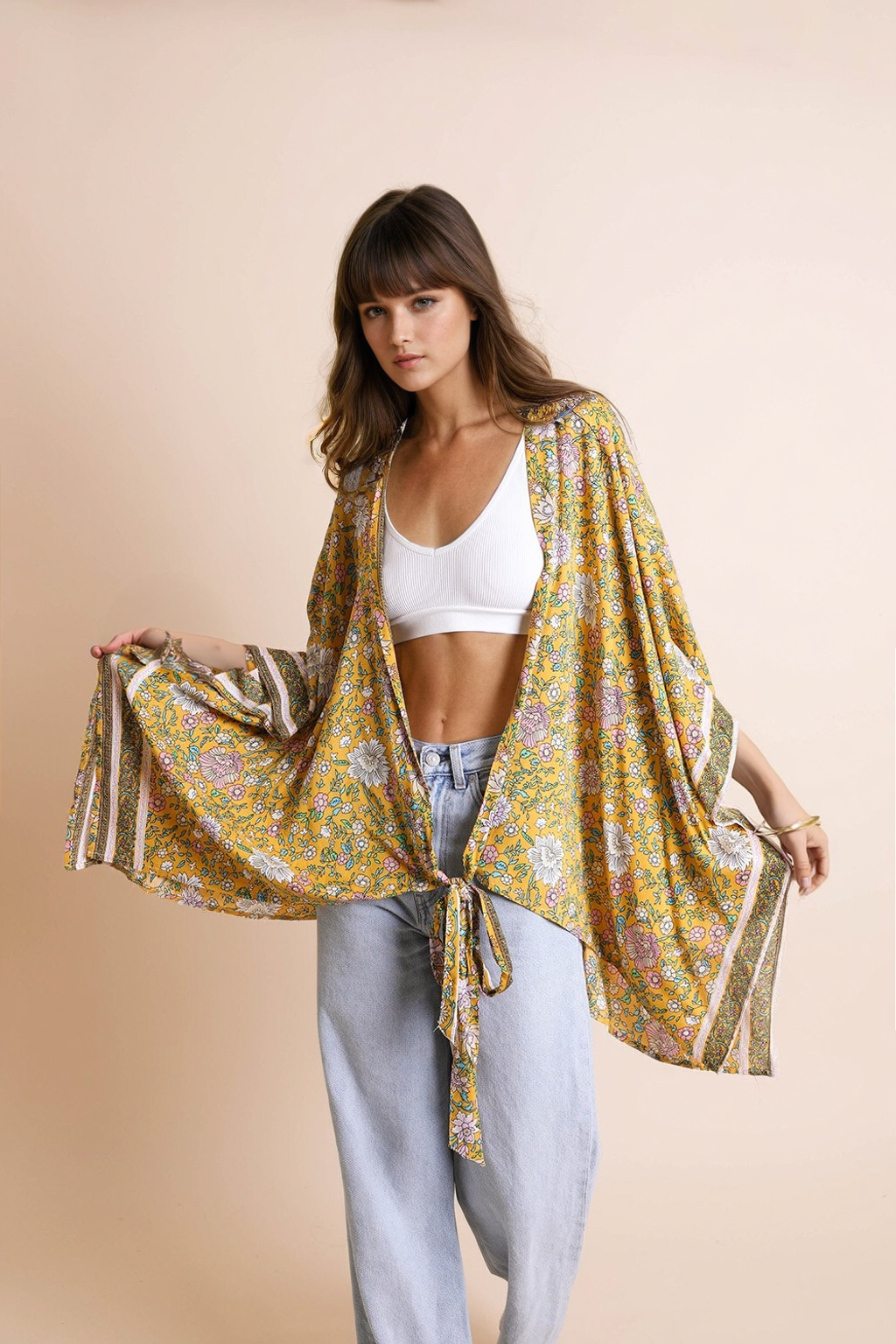 Floral Front Tie Kimono Wrap Kimono Leto Collection Mustard  