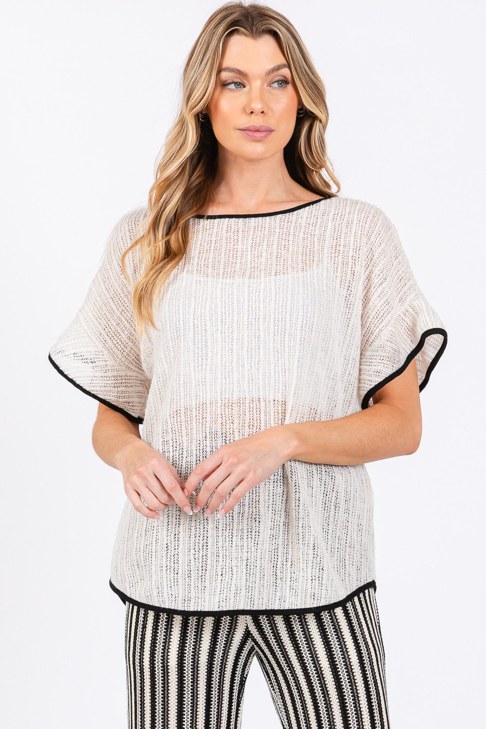 GeeGee Contrast Trim Short Sleeve Knit Cover Up Cover Up Trendsi Cream/Black S 