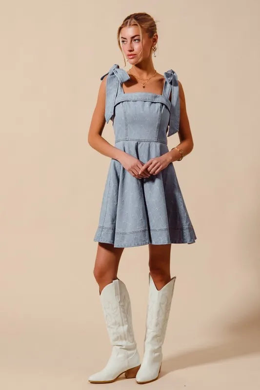 SO ME A Line Fit and Flare Diamond Bow Ribbon Denim Dres - NeoKira Unlimited