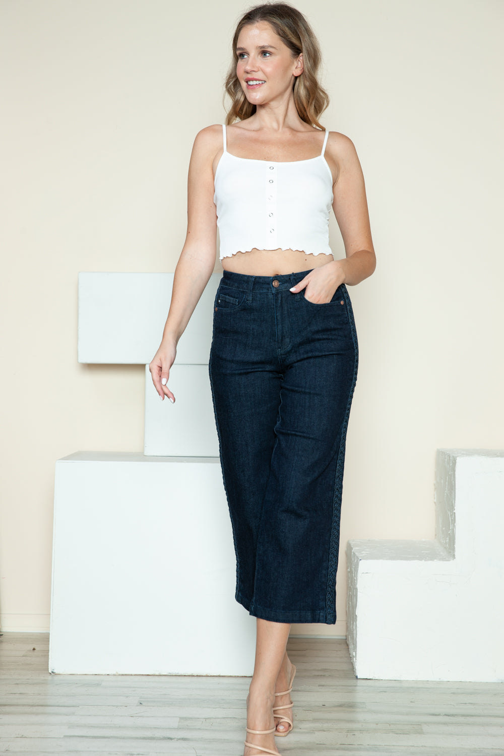 Judy Blue Full Size Side Seam Braid Detail Crop Wide Leg Jeans - NeoKira Unlimited