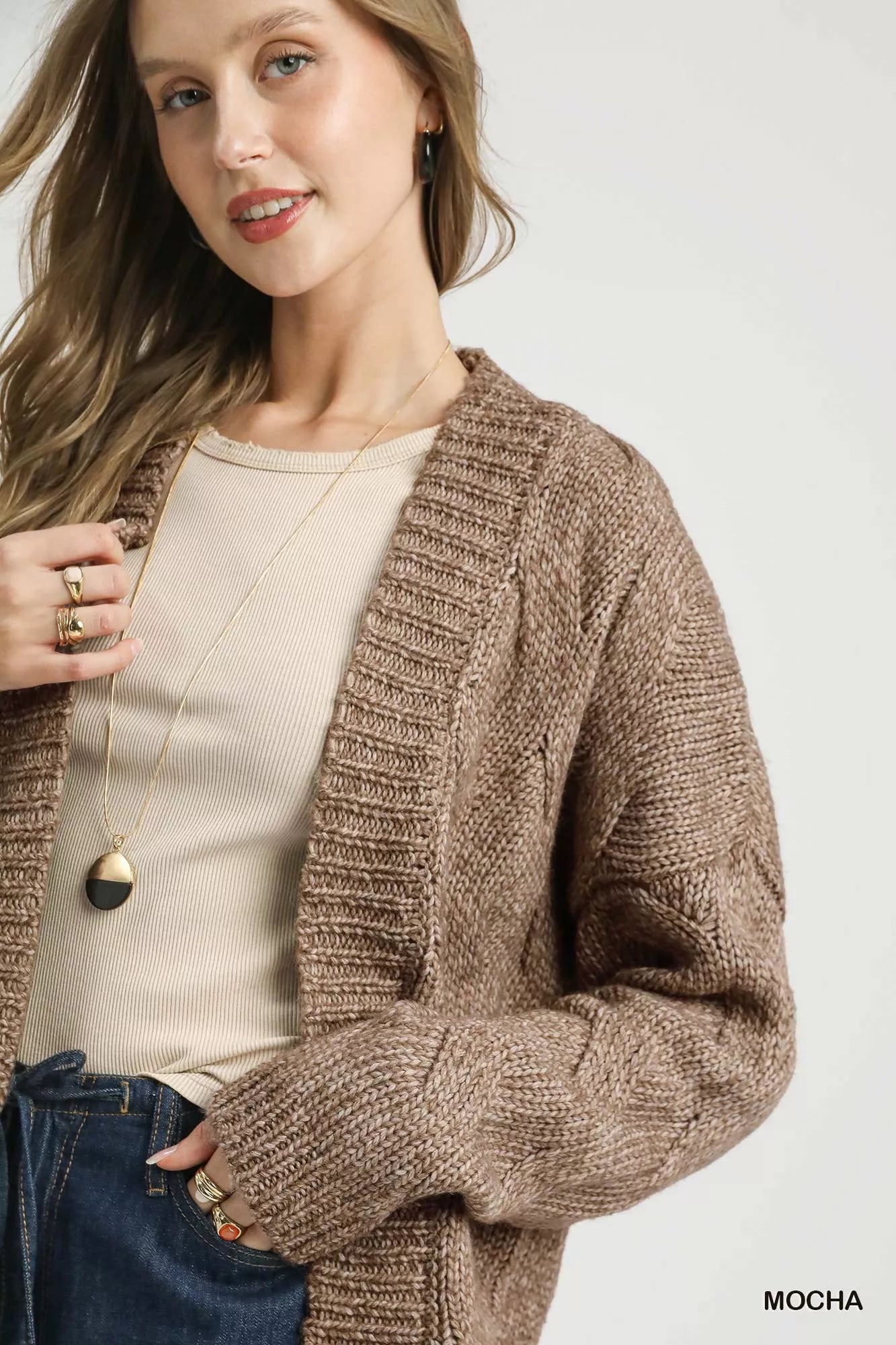 Umgee Chunky Cable Knit Open Front Cardigan Cozy Boho Style - NeoKira Unlimited