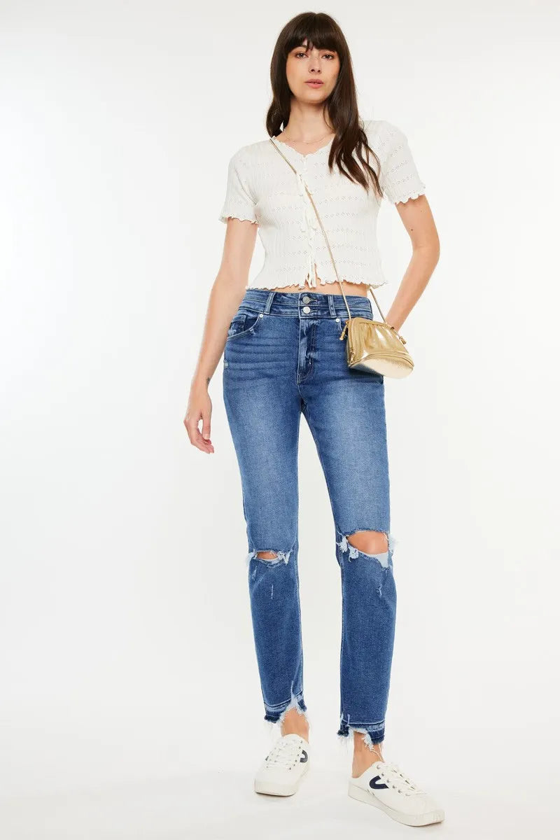 Kancan High Rise Distressed Slim Straight Jeans - NeoKira Unlimited