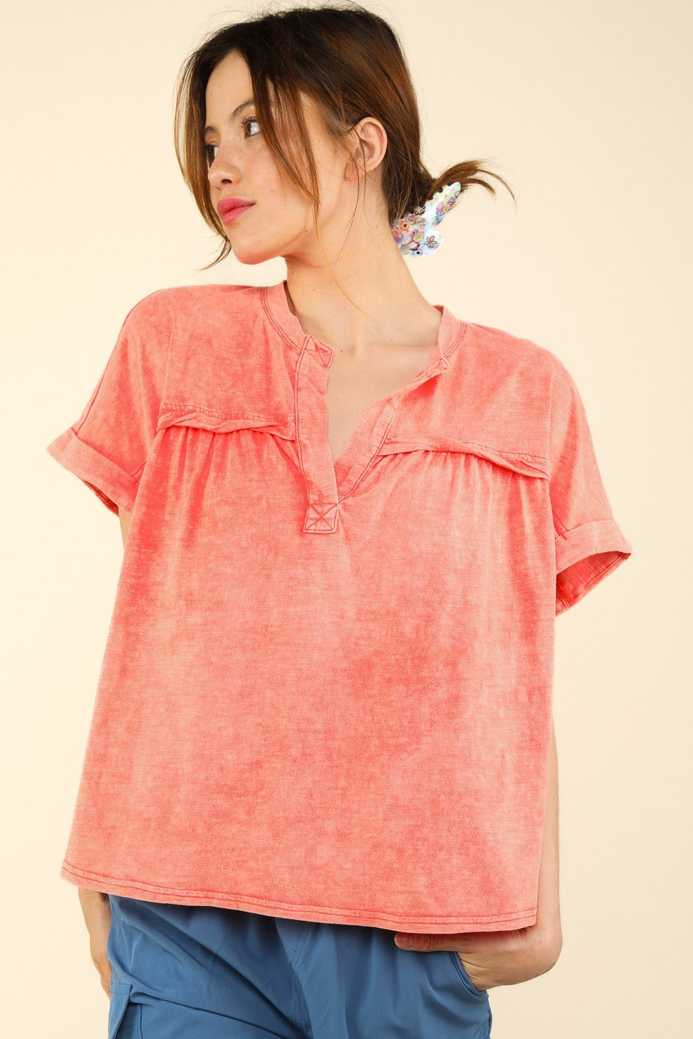 VERY J Nochted Short Sleeve Washed T-Shirt T-Shirt Trendsi Coral S 