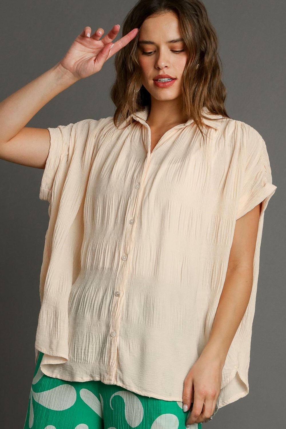 Umgee Full Size Textured Button Down Short Sleeve Shirt Plus Size - NeoKira Unlimited