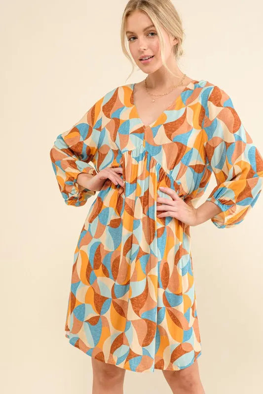 And The Why Printed Open Back Puff Sleeve Casual Dress Vibrant Flirty - NeoKira Unlimited