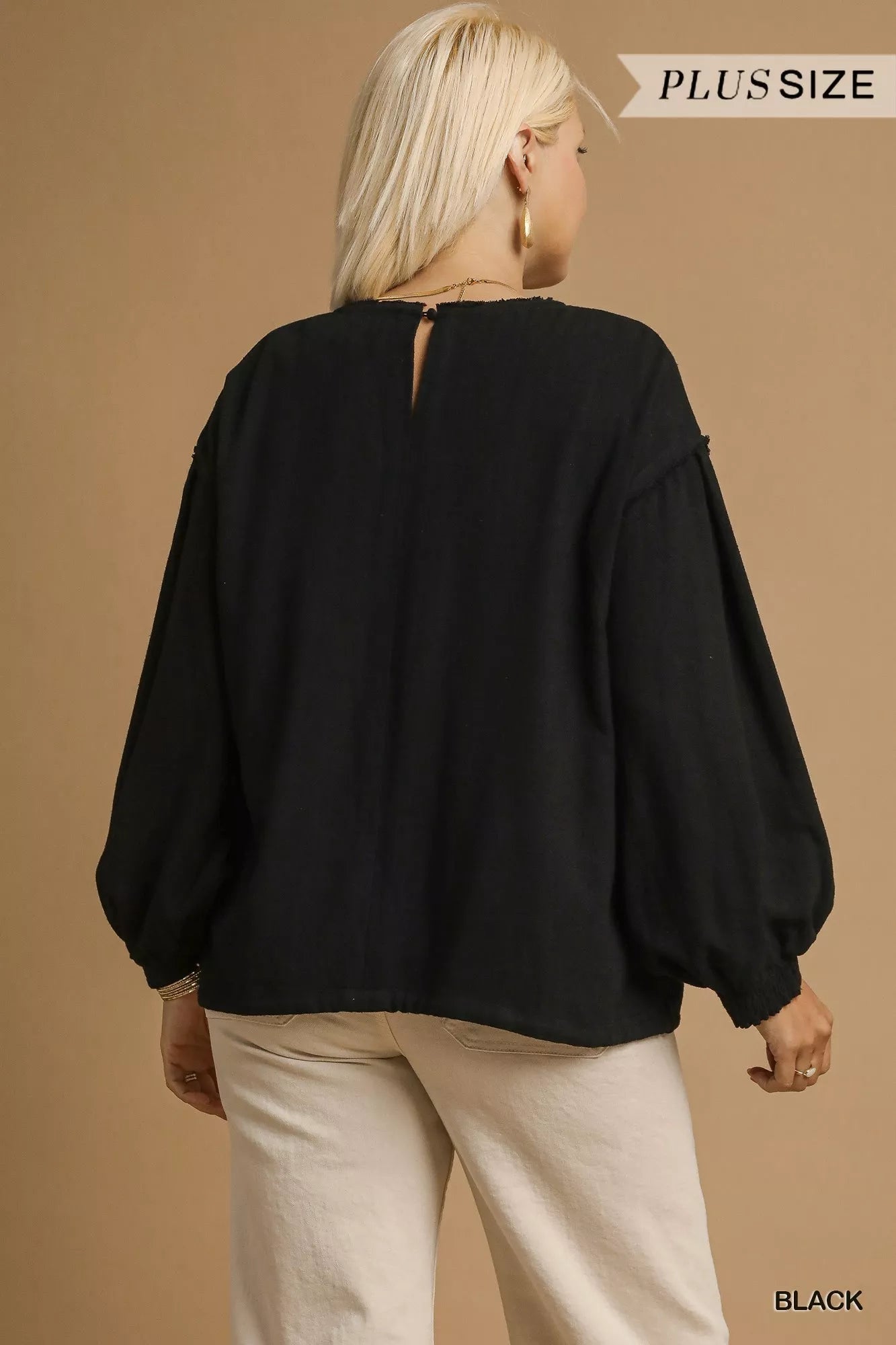 Umgee Linen Long Sleeve Drawstring Top Plus Size Blouse - NeoKira Unlimited