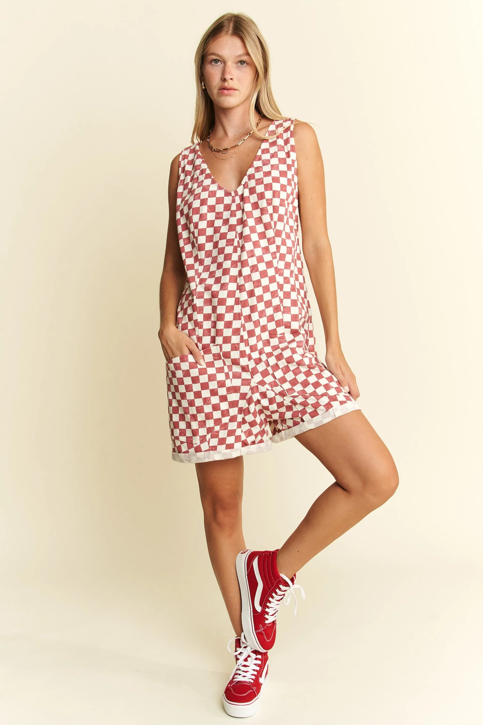 Jade By Jane Red White Checkerboard Print Sleeveless Romper – Plus Size - NeoKira Unlimited