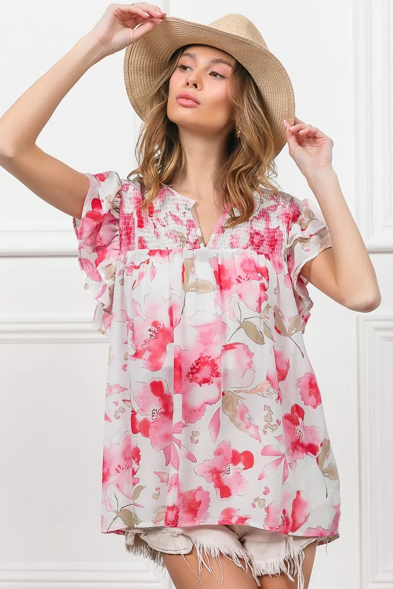 BiBi Floral Print Flutter Sheer Top Lightweight Boho Chic Blouse - NeoKira Unlimited