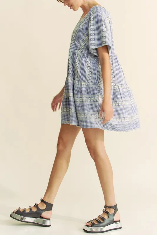 Davi & Dani Embroidered Stripe Ruffled Gingham Mini Dress - NeoKira Unlimited