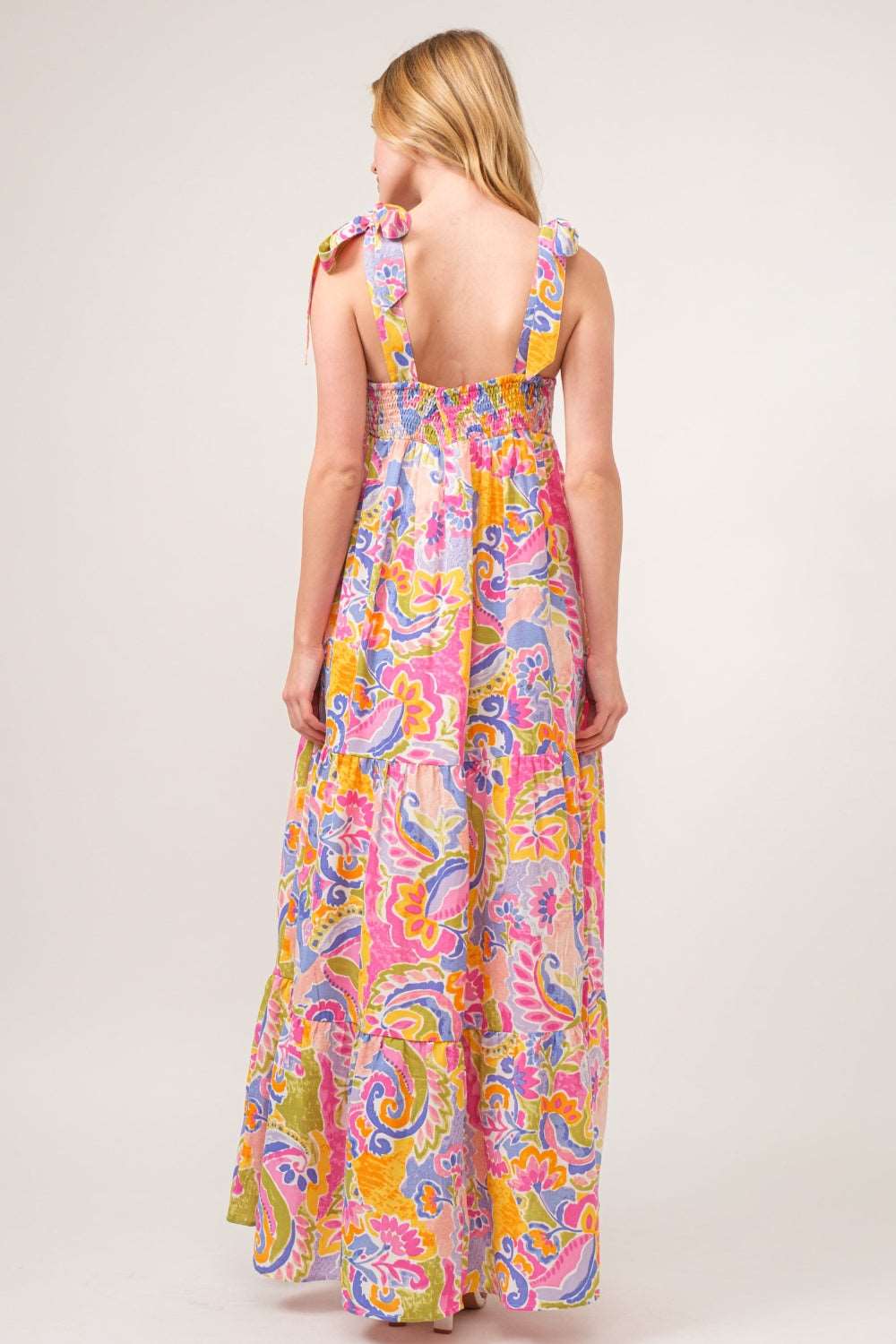 And The Why Full Size Printed Tie Shoulder Tiered Maxi Dress Maxi Dress Trendsi   