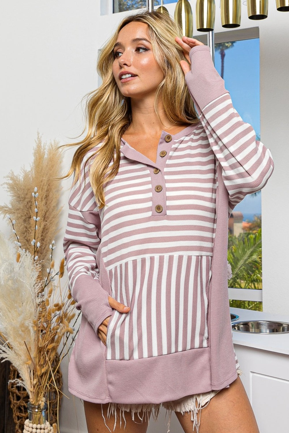 BiBi Striped Thumbhole Long Sleeve Top Top Trendsi   