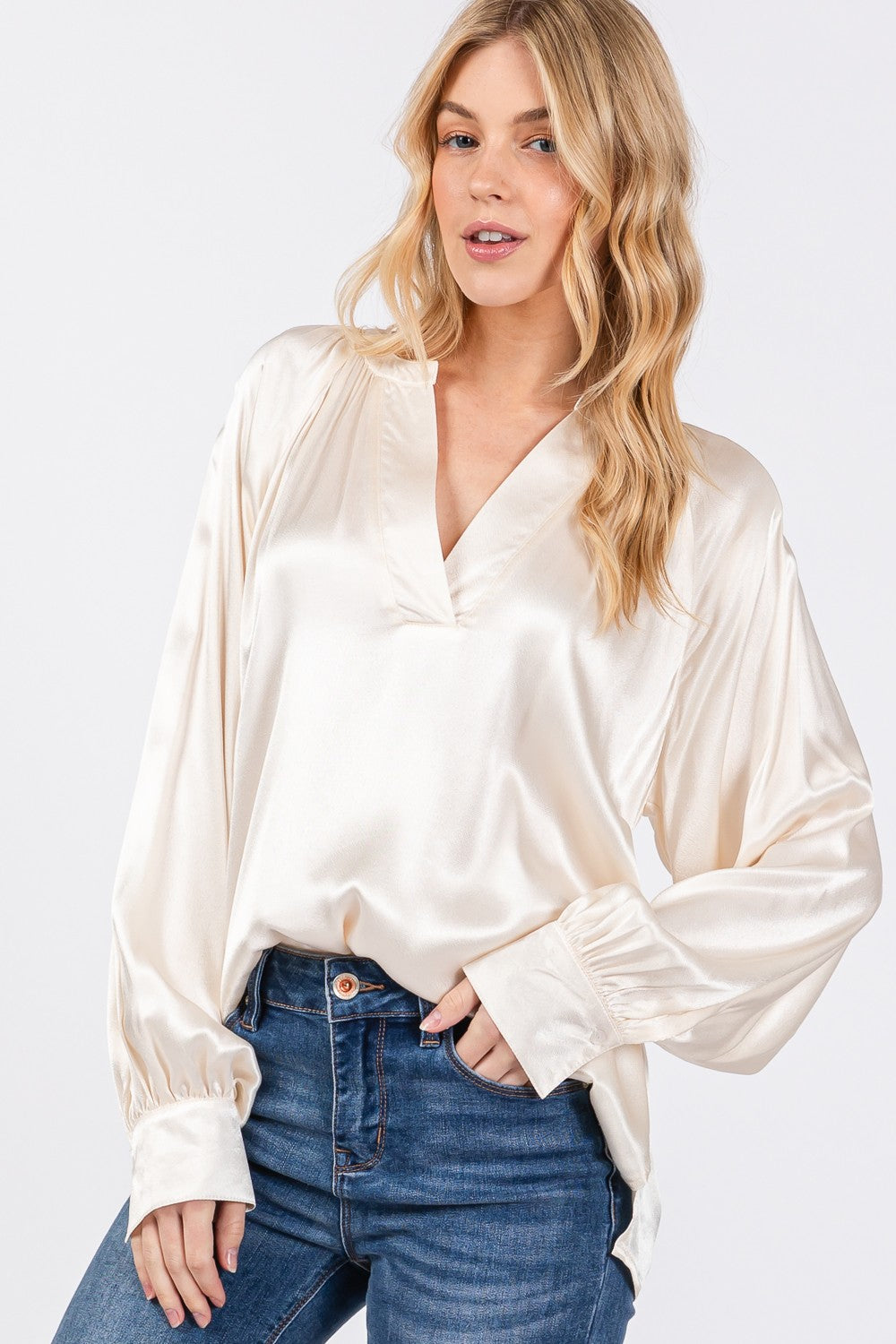 SAGE + FIG Notched Long Sleeve Blouse Blouse Trendsi   