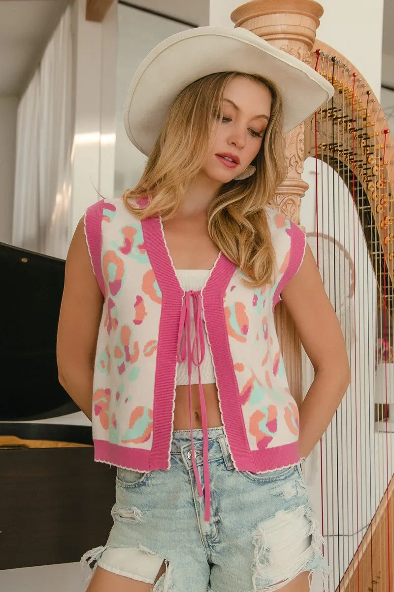 BiBi Leopard Sweater Vest With Front Tie and Scallop Detail - NeoKira Unlimited