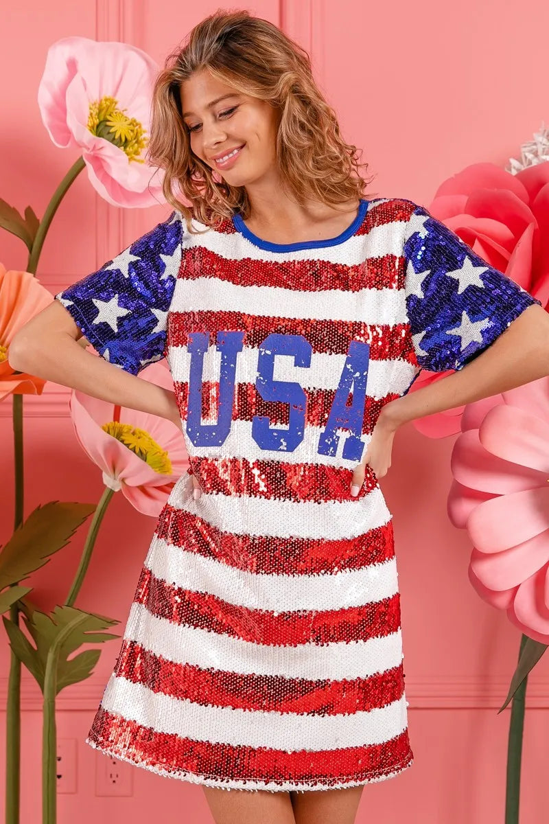 BiBi American Flag Theme Usa Print Sequin Dress - NeoKira Unlimited