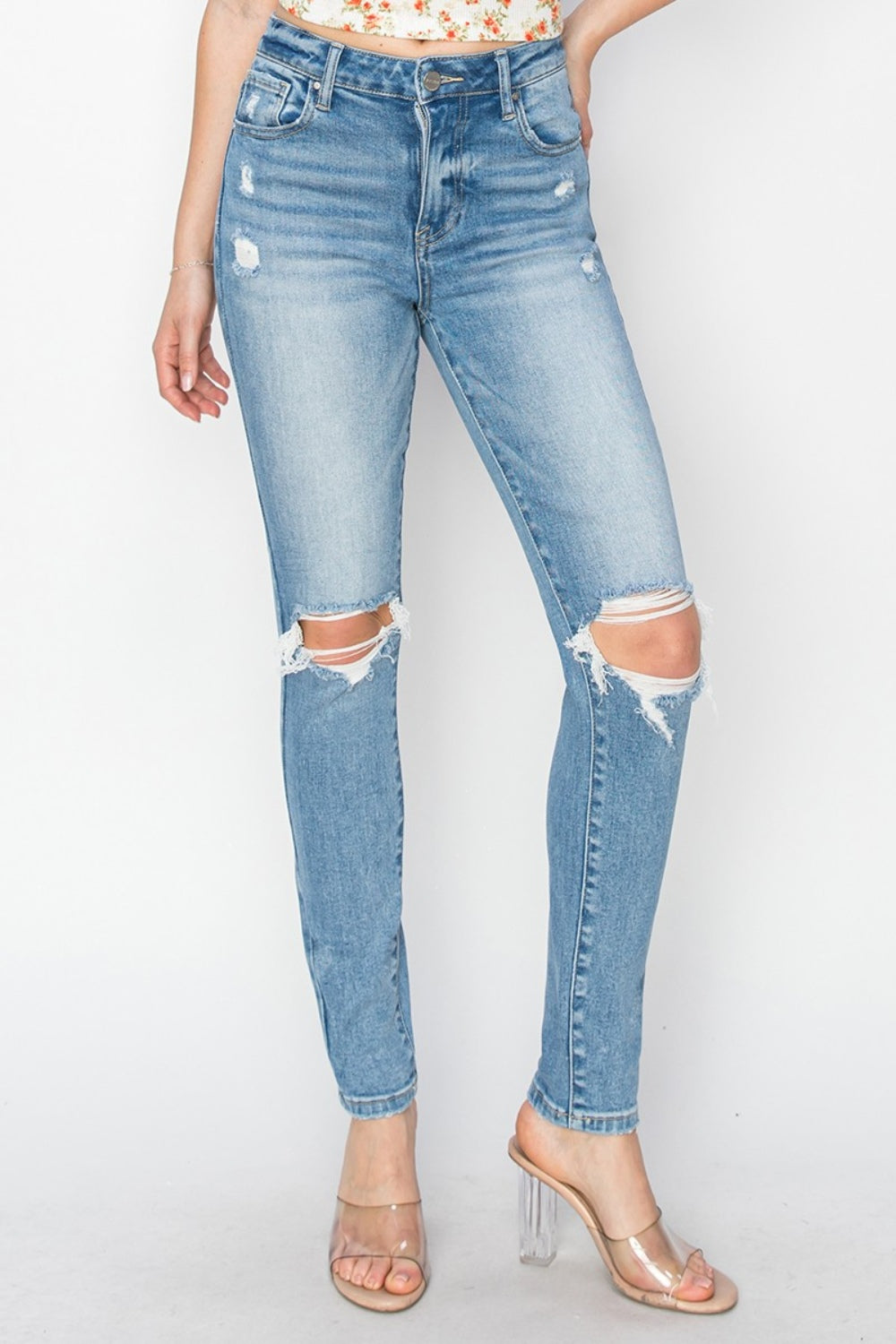 Risen Full Size High Rise Knee Distressed Skinny Jeans Jeans Trendsi   