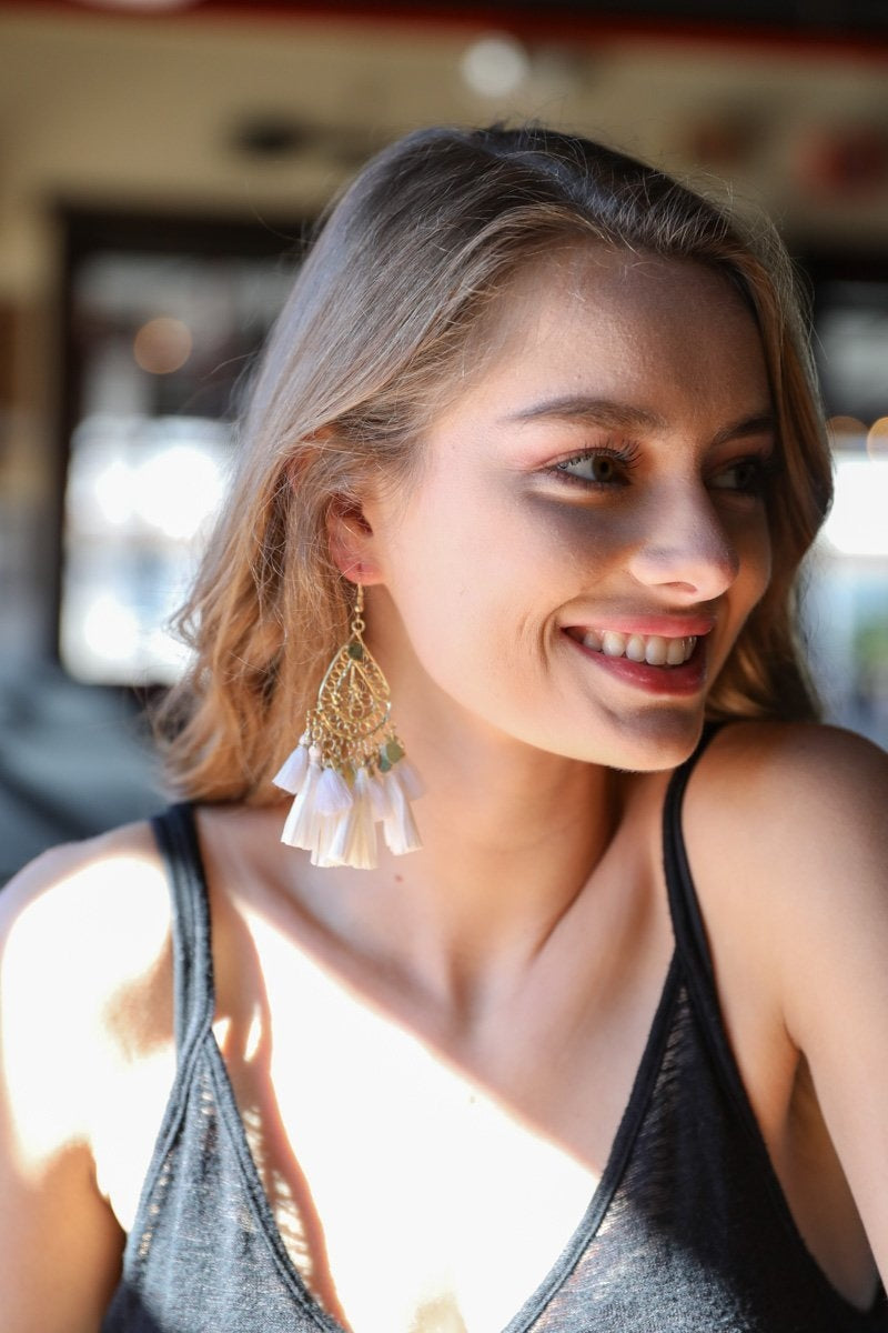 Filigree Raffia Tassel Earrings Earrings Leto Collection White  