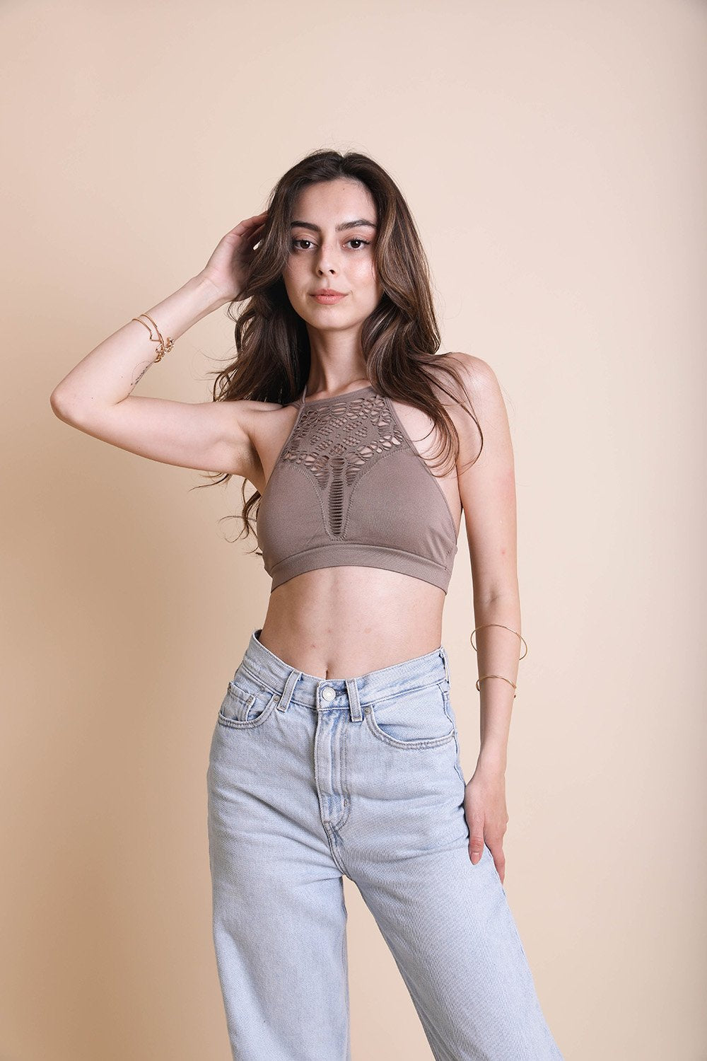 Floral Cutout Seamless High Neck Bralette Leto Collection XS/S Mocha 