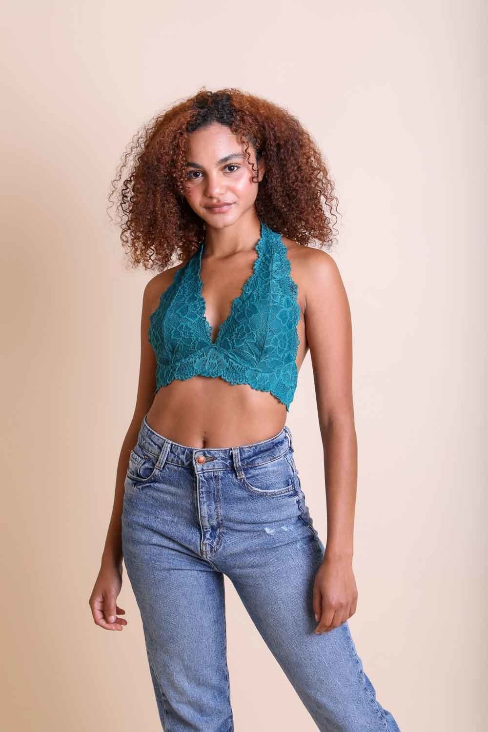 Floral Lace Halter Bralette Leto Collection Small Teal 