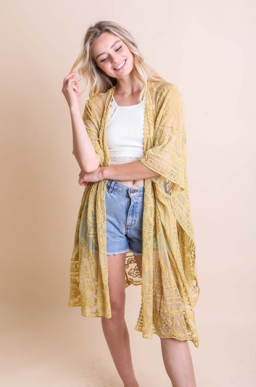 Floral Mandala Mesh Kimono Ponchos Leto Collection Mustard  