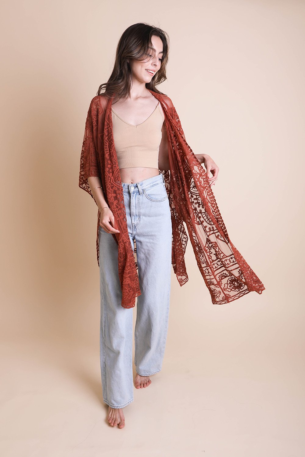 Floral Mandala Mesh Kimono Ponchos Leto Collection Rust  