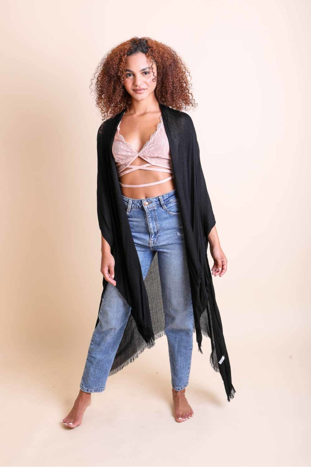 Frayed Trim Kimono Kimono Leto Collection Black  