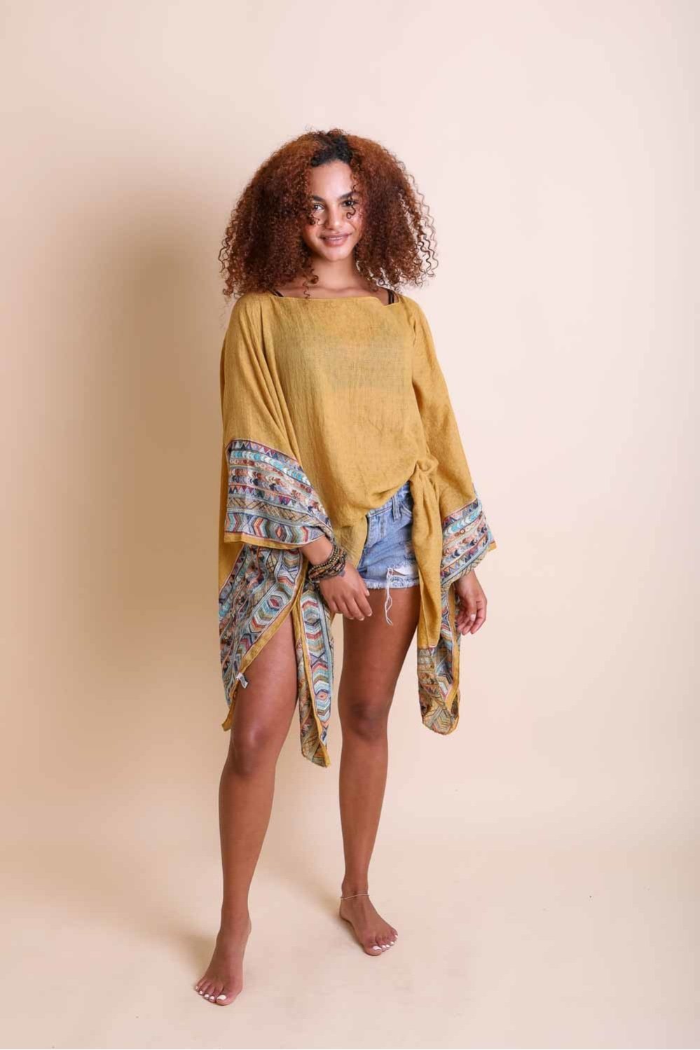 Geometric Embroidered Tunic Kimono Leto Collection Mustard  