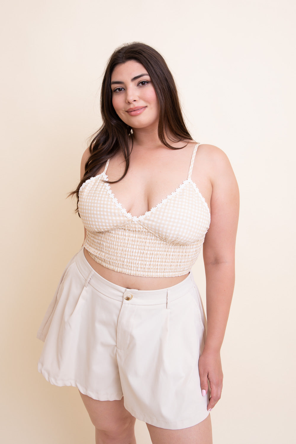 Gingham Smocked Bralette Plus Bralette Plus Leto Collection Beige  